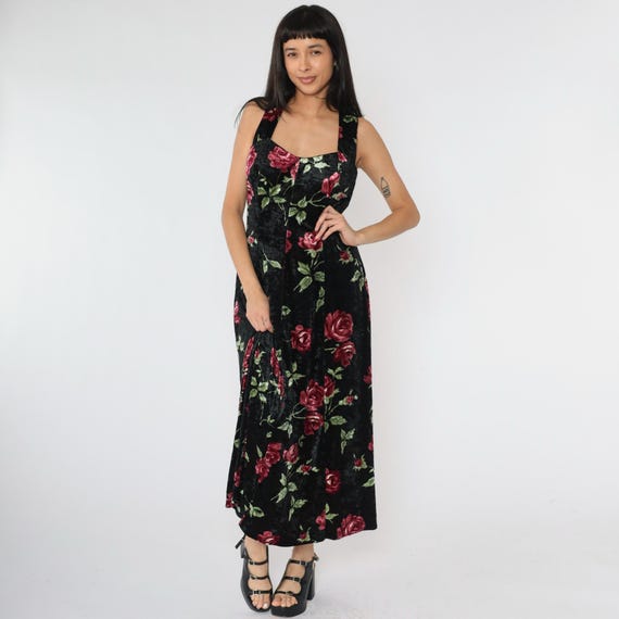 90s Velour Floral Dress Criss-Cross Back Velvet Party Dress 1990s Black Gothic Grunge Sleeveless A-Line Evening Dress Large 12