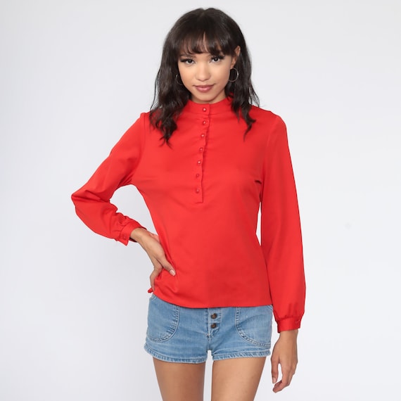 70s Red Blouse Half Button Up Top 1970s Plain Blouse Vintage Collarless Shirt Long Sleeve Shirt Polyester knit Medium
