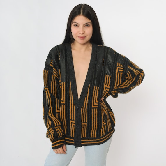 Vintage Striped Cardigan 80s Leather Patch Oversized Button up Knit Sweater Black Orange Retro Slouchy Deep V Neck 1980s Men's Large