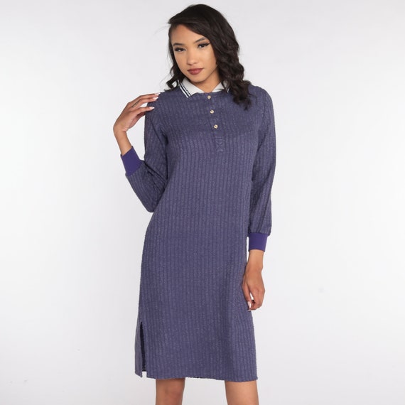 Terry Cloth Dress 80s Purple Polo Dress Mini Dress Boho Tunic Tent Plain 1980s Hippie Bohemian Vintage Minidress Retro Small S