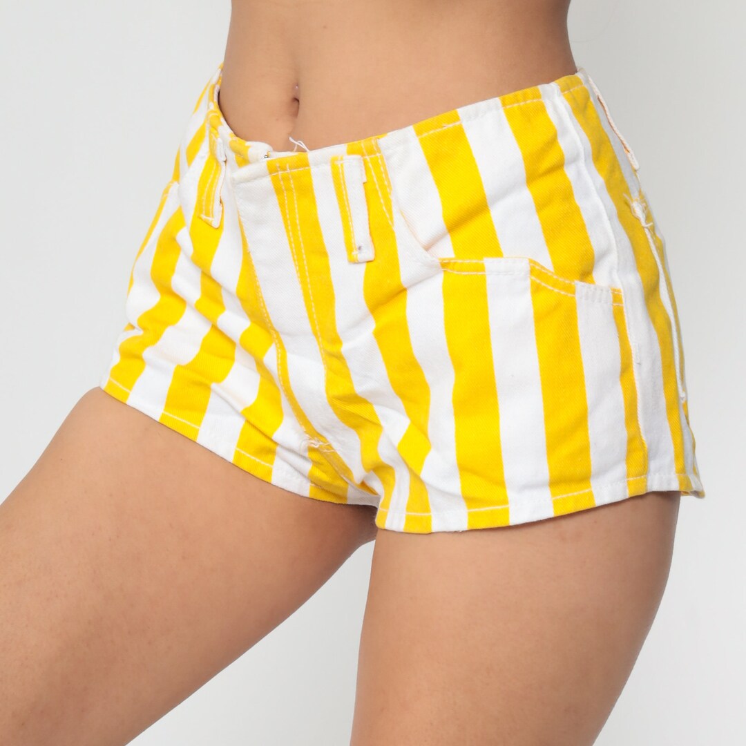 Striped Jean Shorts 80s Yellow White Denim Shorts Hotpants Mid