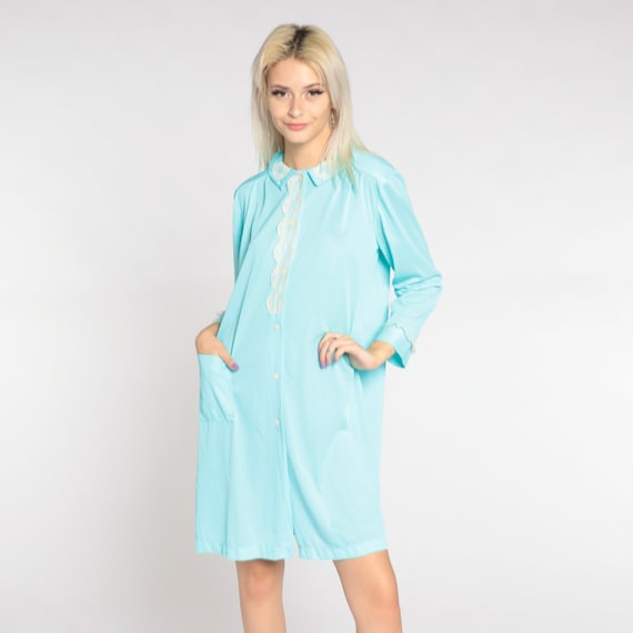 70s Pajama Dress Blue Mini Nightgown Lingerie Dress Button Up Nylon Nightie Lace Trim Collared Pocket Retro Lounge Vintage 1970s Large L