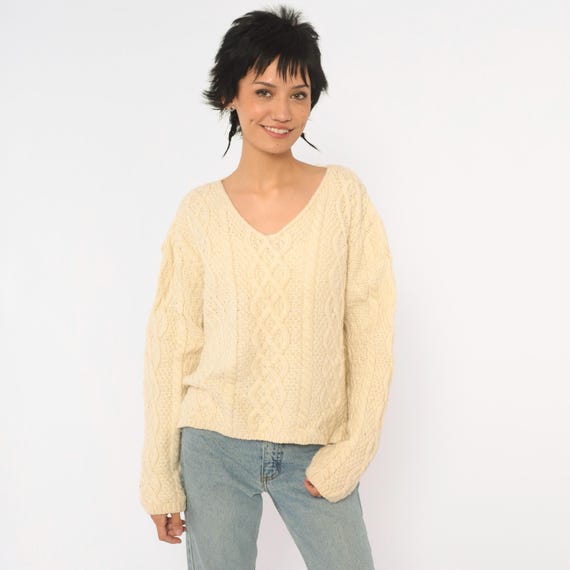 Y2K Cable Knit Wool Sweater Cream V Neck Paul James Fisherman Pullover Boxy Chunky Aran Jumper Long Sleeve Ivory Off White Womens Medium M