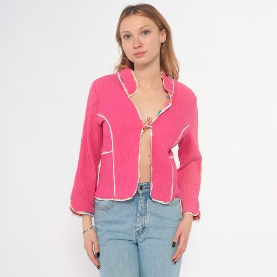 Y2K Pink Cardigan Cropped Sweater Jacket Toggle Tie Front Multicolor Floral Trim Ribbed Coquette Cottagecore Preppy Fitted Vintage Medium M