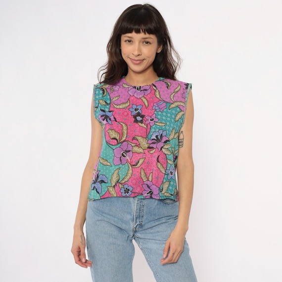 90s Tropical Tank Top Patchwork Floral Sleeveless Pink Purple Teal Turquoise Crop Blouse Summer Festival Vacation Vintage Shirt Small S