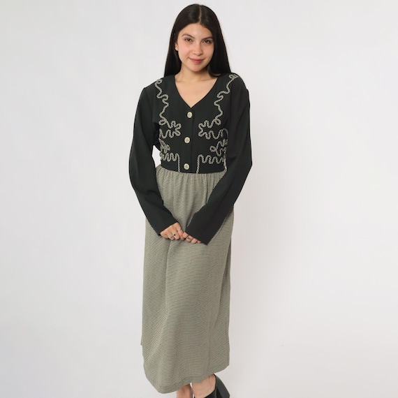 Black Gingham Maxi Dress 90s Button Down Long Sleeve Grunge Alternative Day Dress Skirt Contrast Embroidered Bodice Size Large L