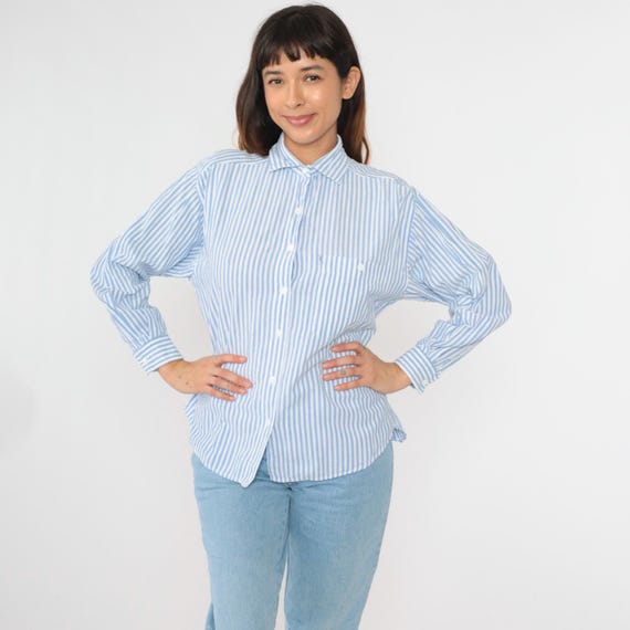 Vintage Blue Striped Shirt 80s Button Up Shirt White Long Sleeve Blouse 1980s Casual Chest Pocket Preppy Medium