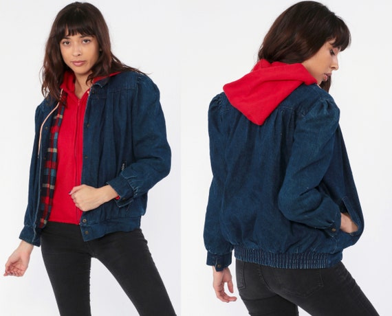 jean jacket with red hoodie