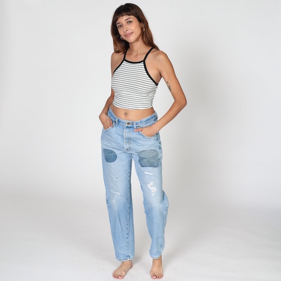 Distressed Jeans 90s Wrangler Jeans Ripped Patch Hand Stitch High Waisted Rise Straight Tapered Leg Denim Pants Vintage 1990s Large 33 X 32