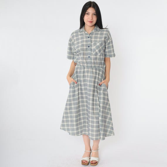 Vintage Checkered Midi Dress 80s Button Up Shirtdress Retro Secretary Check Print Blue Cream 1980s Short Sleeve High Waist Collar Medium M