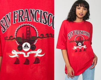 San Francisco Shirt 90s GOLDEN GATE BRIDGE Shirt California Shirt Graphic Tee Red Sailboat Short Sleeve Vintage Medium Large