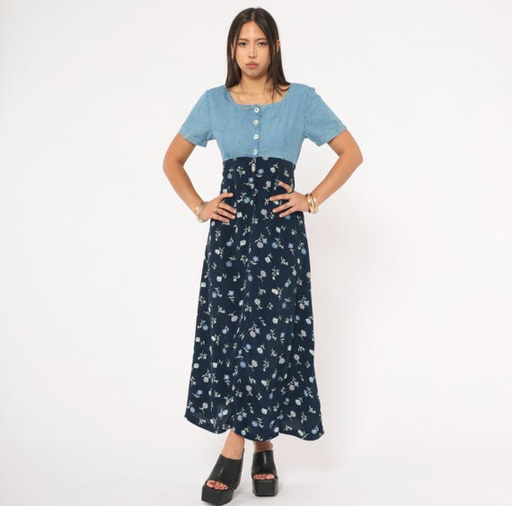 90s Denim Floral Maxi Dress Navy Blue Button Front Empire Waist Cotton Bodice Short Sleeve Ditsy Print Prairie Cottagecore Small S