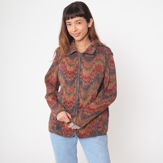 Y2K Chevron Zip Up Cardigan Zigzag Stripe Pattern Red Blue Green Orange Brown Earth Tone Knit Sweater Vintage 90s Jacket Fall Medium M