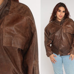 Brown Leather Jacket 80s 90s Snap Up Jacket Retro Motorcycle Moto Punk Rock Jacket Biker Coat Basic Neutral Vintage 1990s Mens Medium M