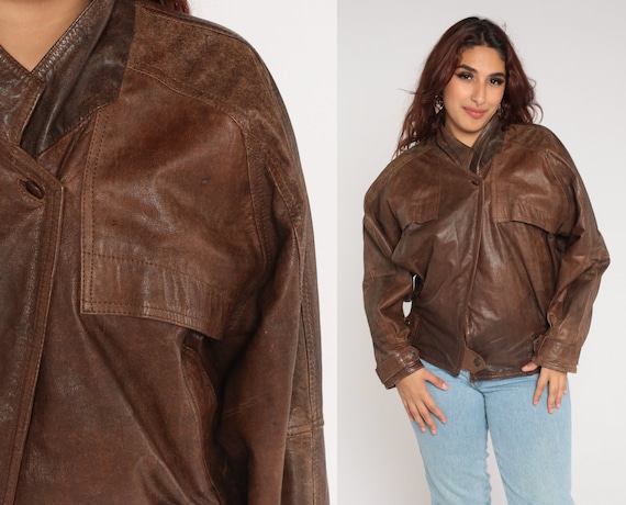 Brown Leather Jacket 80s 90s Snap Up Jacket Retro Motorcycle Moto Punk Rock Jacket Biker Coat Basic Neutral Vintage 1990s Mens Medium M