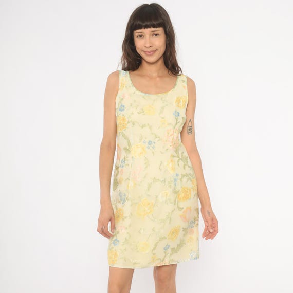 90s Floral Shift Dress Ann Taylor Yellow Scoop Neck Sleeveless A Line Knee Length Sheer Chiffon Overlay Garden Party Feminine Vintage Small