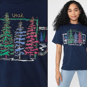 Utah Shirt Vintage Tree Shirt Single Stitch Tshirt Navy Blue TShirt 80s T Shirt Travel Tee Graphic Print State 90s Fruit of the loom Small image 1