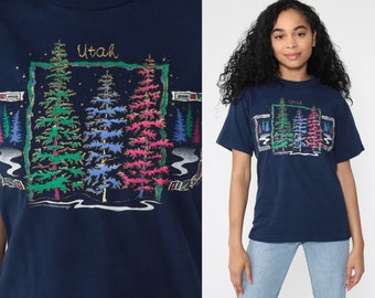 Utah Shirt Vintage Tree Shirt Single Stitch Tshirt Navy Blue TShirt 80s T Shirt Travel Tee Graphic Print State 90s Fruit of the loom Small