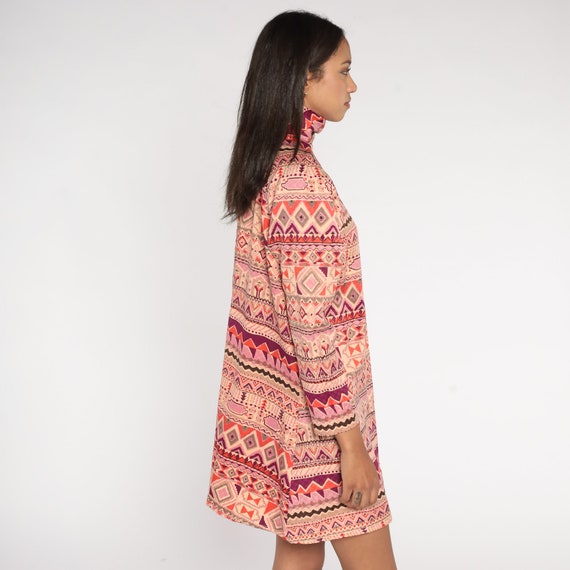 Mod Mini Dress 60s Geometric Aztec Print Pink Moc… - image 5