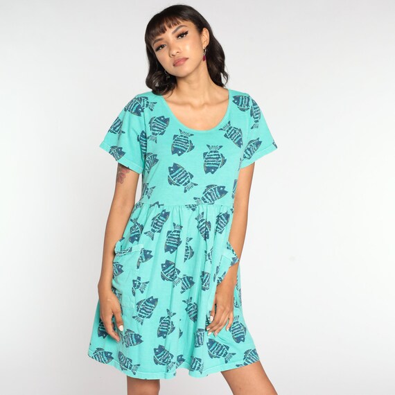 90s Babydoll Dress Mini Fish Print Dress Tropical Beach Dress Turquoise Green 1990s Vintage Boho Empire Waist Short Sleeve Medium