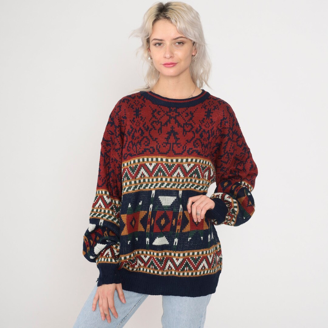 Geometric Sweater 90s Pullover Knit Sweater Southwestern