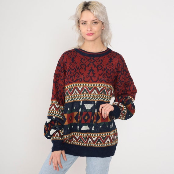Geometric Sweater 90s Pullover Knit Sweater Southwestern Print Jumper Boho Statement Red Navy Blue Jacquard Acrylic Vintage 1990s Mens Large