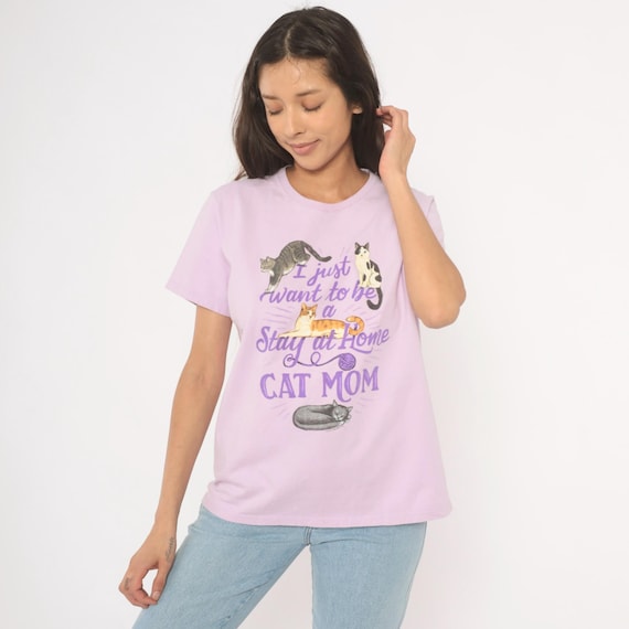 Stay At Home Cat Mom Graphic Humor Tee Lavender Lilac Purple Novelty Print Crewneck Short Sleeve Cotton Shirt Cat Lover Gift Violet Large L