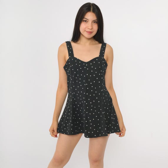 Vintage Black Star Print Dress 90s Micro Mini Sundress Sleeveless Sweetheart Neckline Celestial Print Retro Summer 1990s Petite Medium
