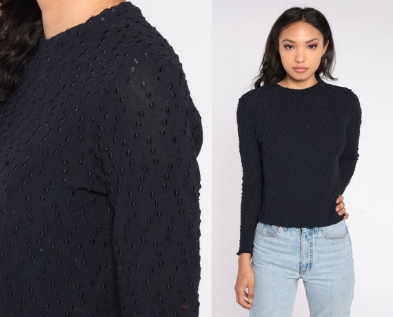 Black Embroidered Shirt 90s Semi-Sheer Y2K Long Sleeve Top High Neck Plain Top 1990s Formal Stretchy Club Vintage Blouse Gothic Large L