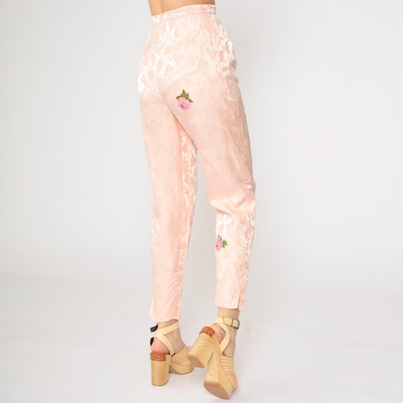 Vintage Pink Satin Jacquard Pants 1980s Pastel Floral Appliqué Tapered High Waisted Floral Silky Vintage 1980s Party Extra Small xs