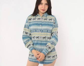90s Horse Print Shirt Blue Cream Striped Long Sleeve Collared Western Blouse Horseshoe Novelty Equestrian Cowgirl Americana Vintage Small S