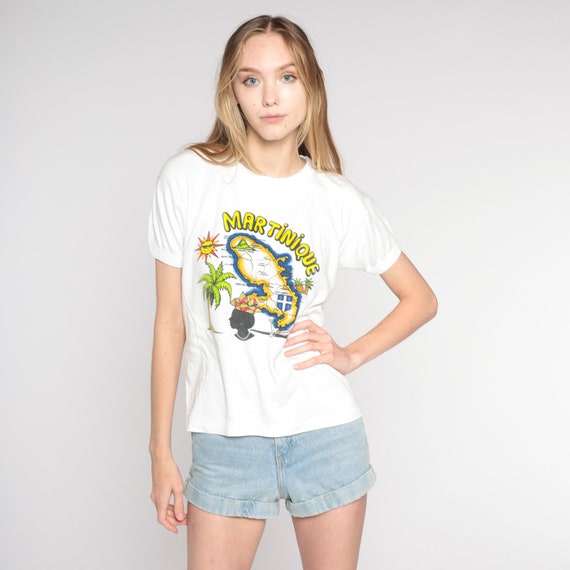 Vintage Martinique Shirt 80s 90s French Caribbean Islands T Shirt Tropical Palm Tree Sun Map Graphic Tee Tourist Single Stitch White Small S