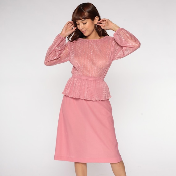 70s Disco Dress Sheer Lightweight Pink Metallic Peplum Hal Ferman Party Cocktail Formal Evening Summer Peplum Secretary Medium M 10