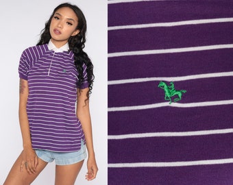 Horse Polo Shirt Purple Striped Shirt 80s Top Half Button Up Tshirt 1980s Short Sleeve Shirt Horse Top Vintage Retro Small S