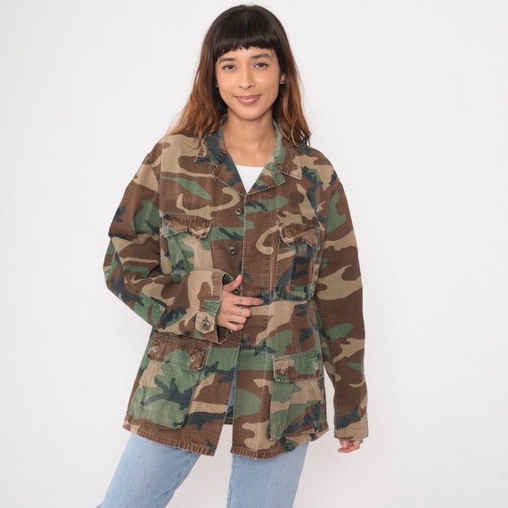 Camo Army Jacket 80s Camouflage Military Uniform Utility Commando 1980s Cargo Field Button Up Medium Long