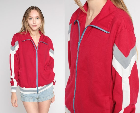 Red Track Jacket 80s Striped Zip Up Bomber Retro Sweatshirt Warmup Streetwear Athletic Sporty White Grey Vintage 1980s White Stagg Large L