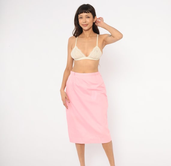 Pink Pencil Skirt 70s Straight Cotton Blend Rose Office Wear Blush Midi Belt Loops Pocket Preppy Collegiate Secretary Salmon Vintage Small S
