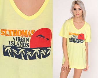 St Thomas Shirt 90s Virgin Islands T-Shirt Beach Palm Tree Sun Graphic Tee Tourist Travel Single Stitch Yellow Vintage 1990s Medium Large