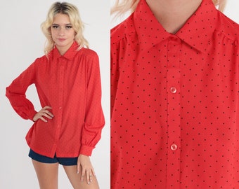 Polka Dot Shirt 70s 80s Red Top Button Up Blouse Boho Disco 1970s Collar Secretary Vintage Long Sleeve Retro Dot Print Point Collar Medium