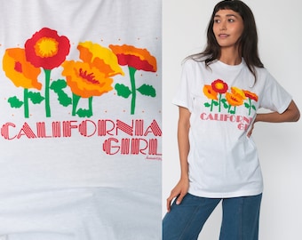 California Girl Shirt Poppy Shirt Retro TShirt Single Stitch Floral Shirt Vintage T Shirt 80s Tee Graphic Screen 1980s Anvil Small Medium