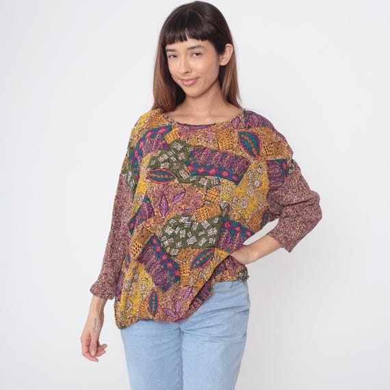 Y2K Patchwork Shirt Abstract Pattern Multicolor Artsy Bold Colors Grunge Blouse Lightweight 2000s Style Relaxed Fit Everyday Top Large L