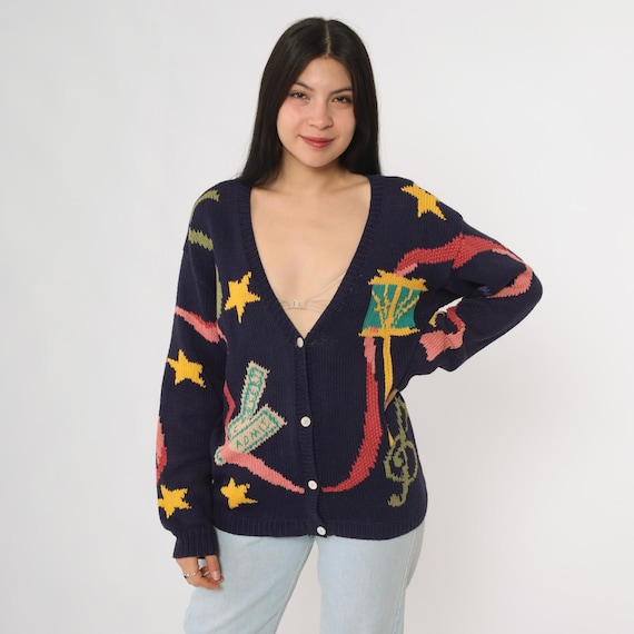 Cosmic Abstract Sweater Vintage 90s Navy Blue Carroll Reed Cardigan Star Print Design Colorful Knit Ramie Cotton Button Front Medium M