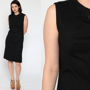 Black Linen Dress 60s Mod Dress Space Age Mini Shift Sleeveless LBD Twiggy Gogo 1960s Vintage Sixties Retro Go Go MiniDress Small