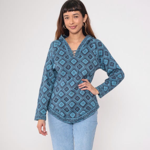 Y2K Geometric Hoodie Pullover Sweater 2000s Southwest Pattern Slate Blue Acrylic Knit Hooded Pocket Long Sleeve Medium M 8