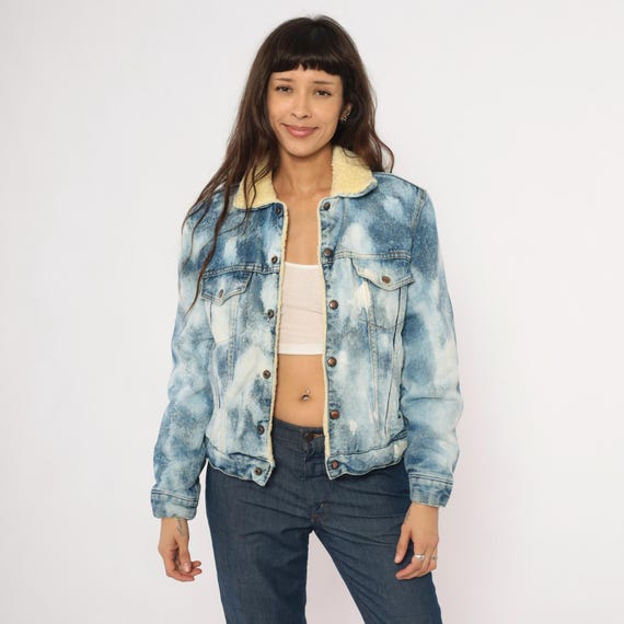 Western Acid Wash Sherpa Denim Jacket 90s Bleached Blue White Cotton Jean Coat Fleece Lined Trucker Style Grunge Distressed Vintage Small S