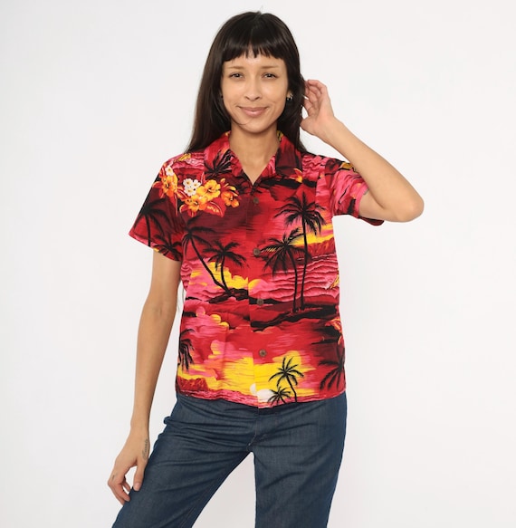 Hawaiian Sunset Shirt 90s Palmwave Red Pink Tropical Palm Tree Cotton Camp Collar Hibiscus Floral Island Beach Vacation Aloha Top Medium M