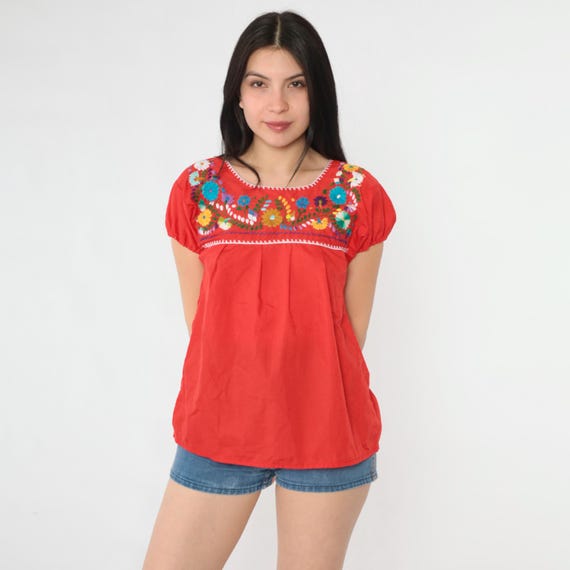 Mexican Embroidered Top 90s Red Floral Blouse Peasant Hippie Short Puff Sleeve Shirt Summer Boho Festival Vintage 1990s Extra Small xs