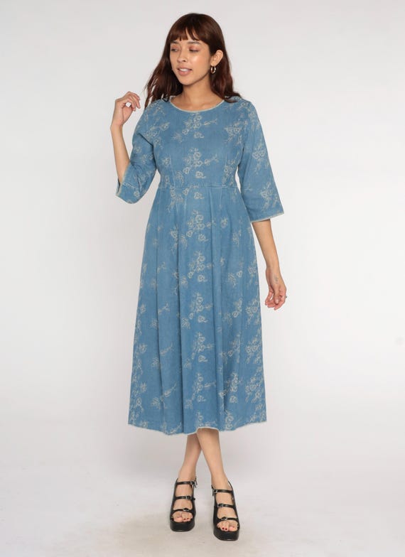 Embroidered Denim Dress Y2K Cottagecore Blue Floral Prairie Tie Belt Waist Cotton Denim Academia Peasant Fit Flare Sundress Vintage Medium M