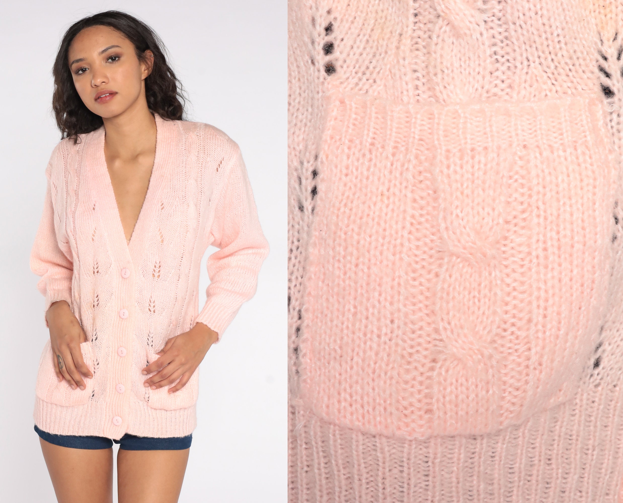 Pink Cardigan Sweater 80s Pointelle 