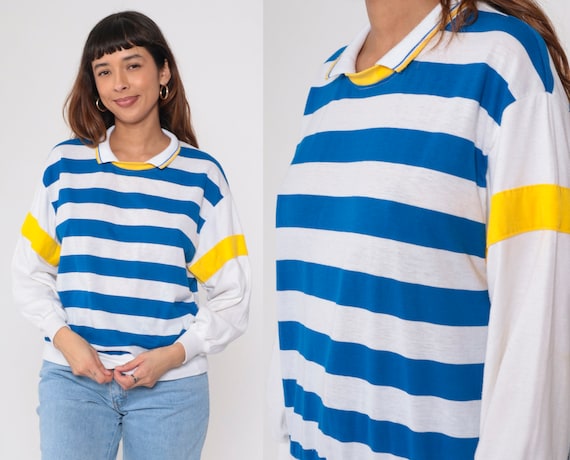 80s Slouchy Striped Shirt Blue White Top Long Sleeve Top 1980s Retro Tee Vintage Collared Banded Hem Slouch Top Yellow Medium Large